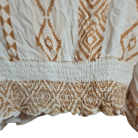 Surf Gypsy Island Tribal Top‎ M Caramel White Boho Peasant Blouse Crochet Beach - Picture 6 of 11